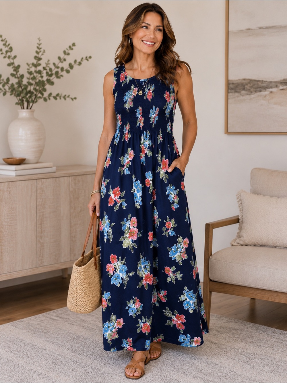 Beautiful Croft & Barrow Navy Floral Maxi Dress with Pink & Green Accents